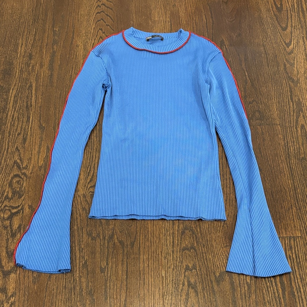Zara Women’s Blue Ribbed Long Sleeve Top with Red Piping Size Small